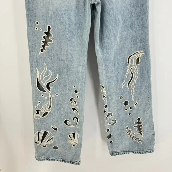 BDG Light Blue Flare Jeans with Artistic Patterns - Picture 10 of 15